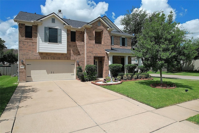 view of front of property with a garage and a front lawn