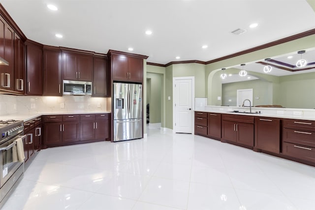 kitchen featuring sink, light tile patterned floors, stainless steel appliances, tasteful backsplash, and ornamental molding