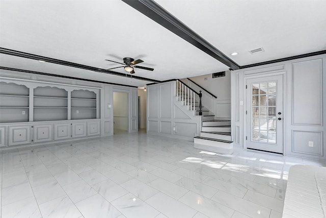 interior space featuring ornamental molding and ceiling fan