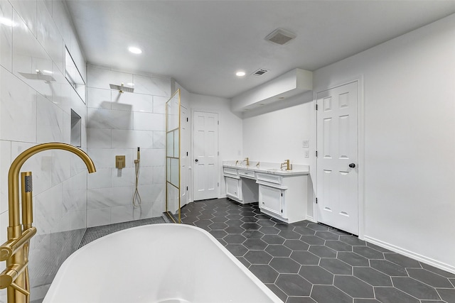 bathroom with vanity and plus walk in shower