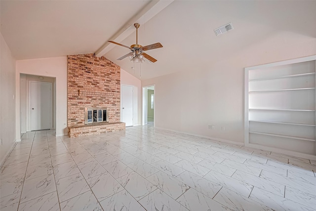 unfurnished living room with vaulted ceiling with beams, a brick fireplace, and ceiling fan