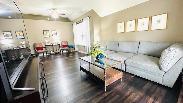 living room with dark hardwood / wood-style flooring, vaulted ceiling, and ceiling fan