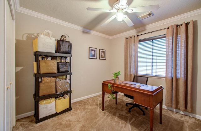 carpeted office featuring crown molding, a textured ceiling, and ceiling fan