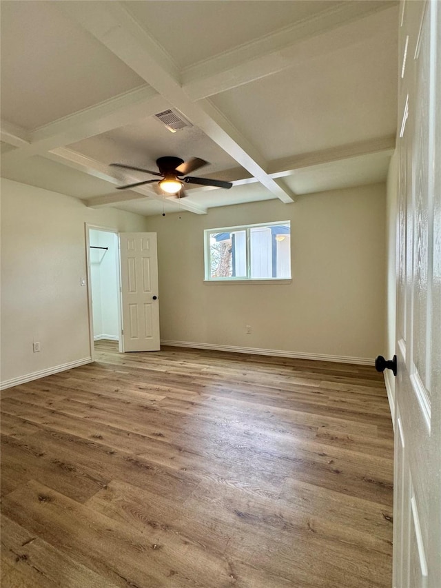 unfurnished room with beamed ceiling, wood-type flooring, coffered ceiling, and ceiling fan