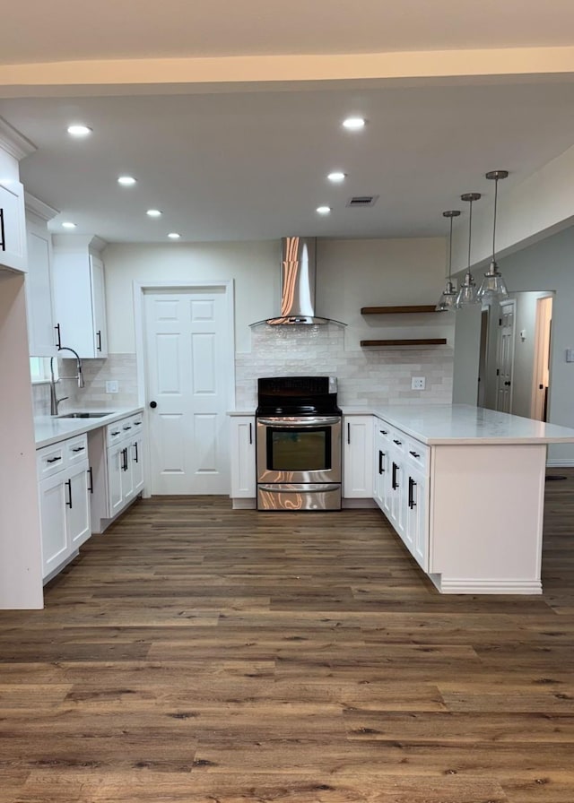 kitchen featuring sink, kitchen peninsula, wall chimney range hood, stainless steel electric stove, and white cabinets