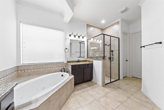 bathroom with ornamental molding, separate shower and tub, vanity, and tile patterned floors