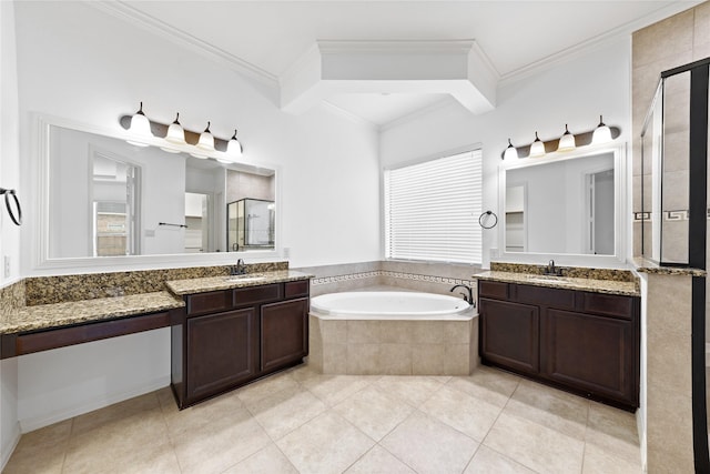 bathroom with vanity, crown molding, tile patterned floors, and plus walk in shower