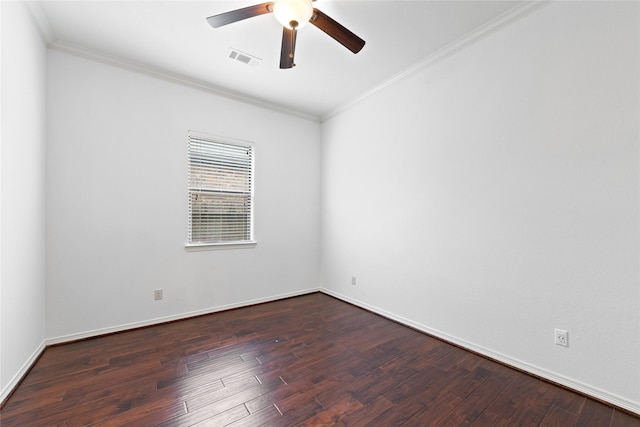 unfurnished room with dark wood-type flooring, ornamental molding, and ceiling fan