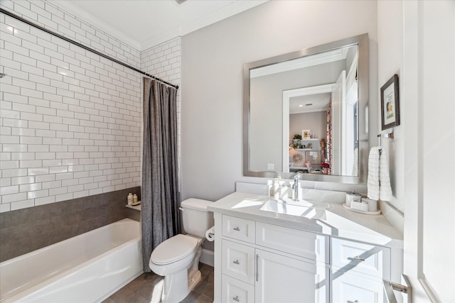 bathroom with vanity, toilet, and shower / tub combo with curtain