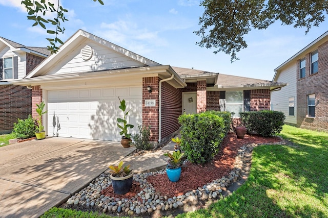 ranch-style house with a garage and a front lawn