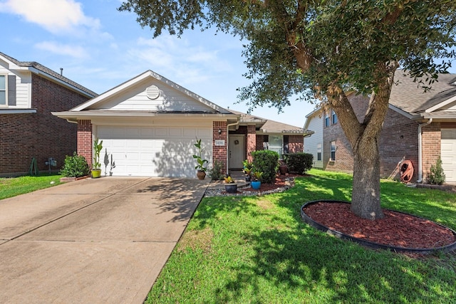 single story home with a garage and a front yard