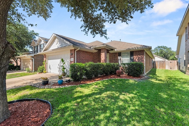 ranch-style house with a garage and a front lawn