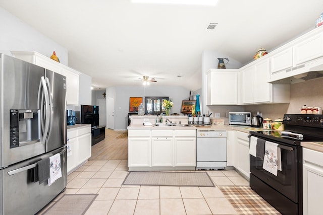 kitchen with stainless steel fridge, dishwasher, white cabinetry, black range with electric stovetop, and kitchen peninsula