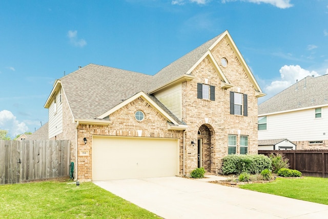 view of front of house with a garage and a front lawn