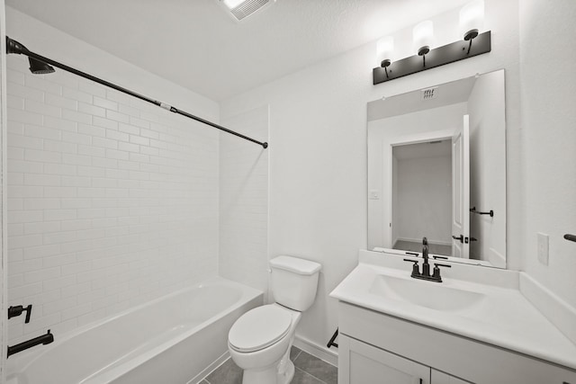 full bathroom featuring visible vents, bathing tub / shower combination, toilet, tile patterned flooring, and vanity