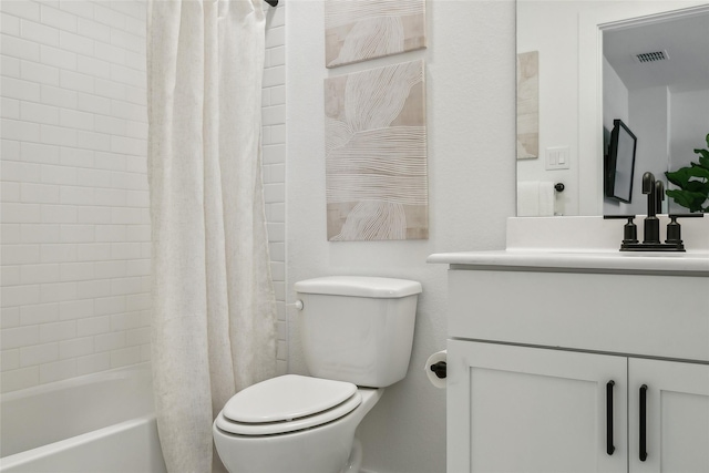 bathroom with toilet, shower / bath combination with curtain, vanity, and visible vents