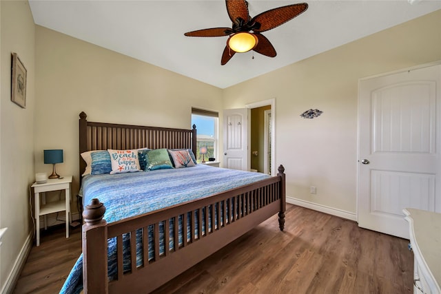 bedroom with ceiling fan and hardwood / wood-style floors