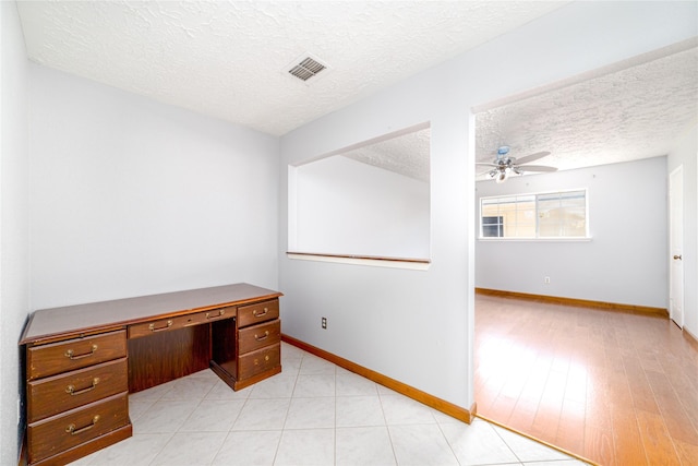 unfurnished office with ceiling fan, a textured ceiling, and light hardwood / wood-style flooring