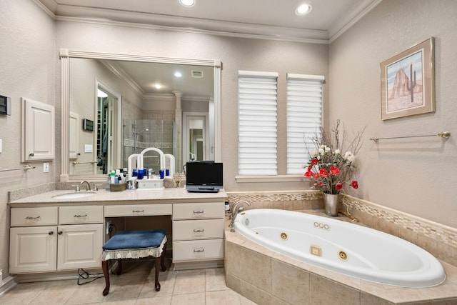 bathroom featuring tile patterned flooring, crown molding, vanity, and plus walk in shower