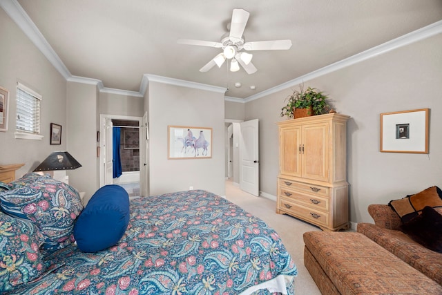 bedroom featuring light carpet, crown molding, and ceiling fan