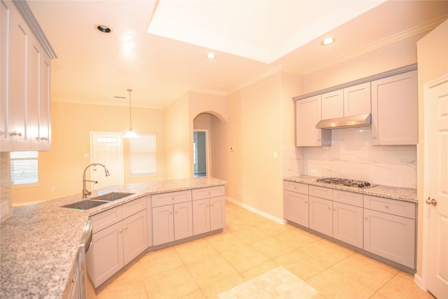 kitchen with crown molding, stainless steel appliances, tasteful backsplash, a sink, and under cabinet range hood