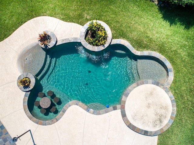 view of swimming pool with a yard