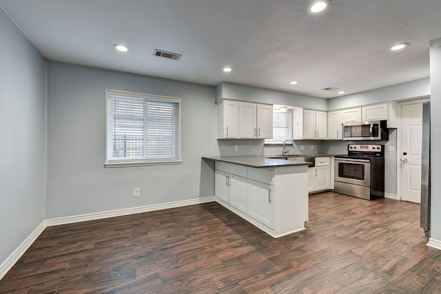 kitchen featuring appliances with stainless steel finishes, sink, white cabinets, dark hardwood / wood-style flooring, and kitchen peninsula