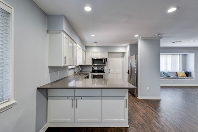 kitchen with sink, appliances with stainless steel finishes, white cabinetry, dark hardwood / wood-style floors, and kitchen peninsula