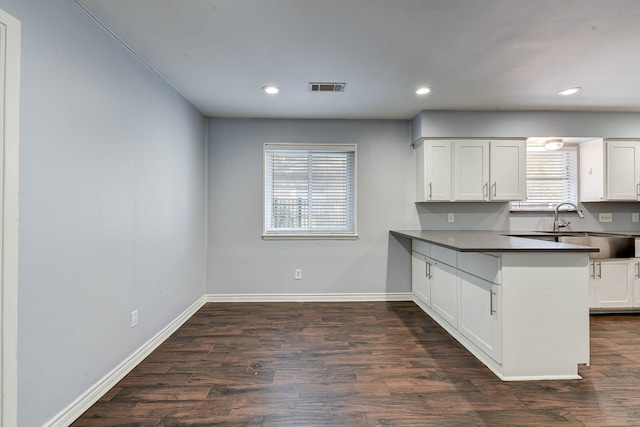 kitchen with a healthy amount of sunlight, dark hardwood / wood-style floors, kitchen peninsula, and white cabinets