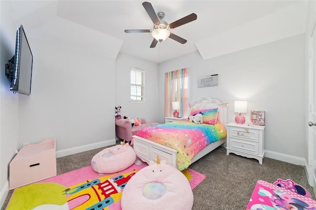 bedroom featuring ceiling fan and dark colored carpet