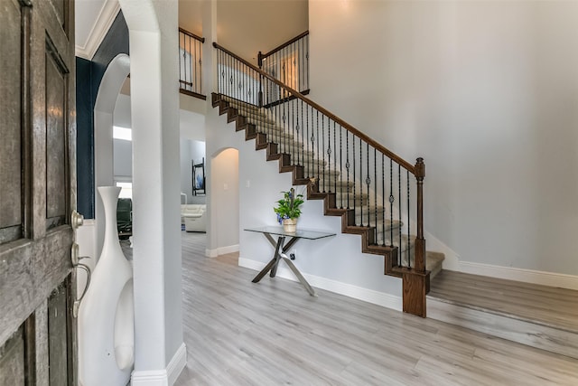 foyer with a towering ceiling and light wood-type flooring