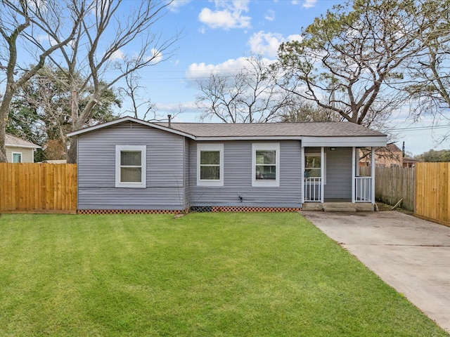 single story home with a porch and a front lawn