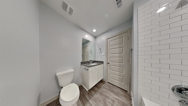 bathroom featuring vanity, wood-type flooring, and toilet