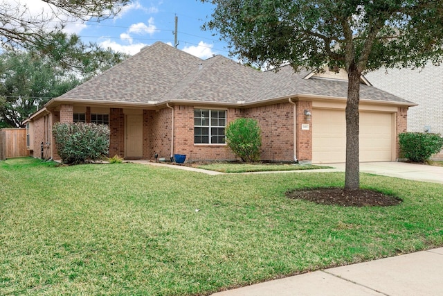 ranch-style house with a garage and a front lawn