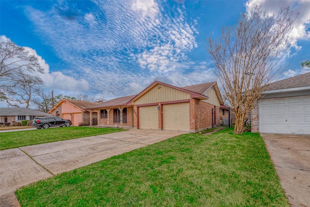 ranch-style home with a garage and a front lawn