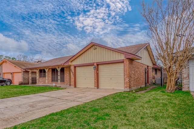 ranch-style house with a garage and a front lawn