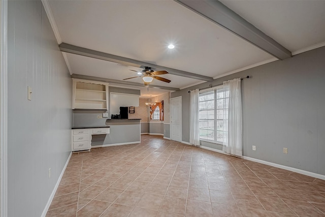 unfurnished living room featuring ceiling fan, crown molding, light tile patterned floors, and beam ceiling