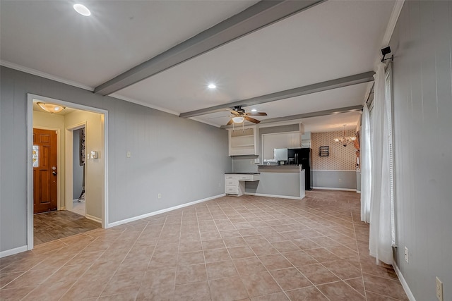 unfurnished living room with beamed ceiling, ceiling fan with notable chandelier, and light tile patterned floors