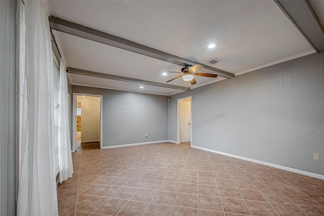 spare room featuring beamed ceiling, ceiling fan, and light tile patterned flooring