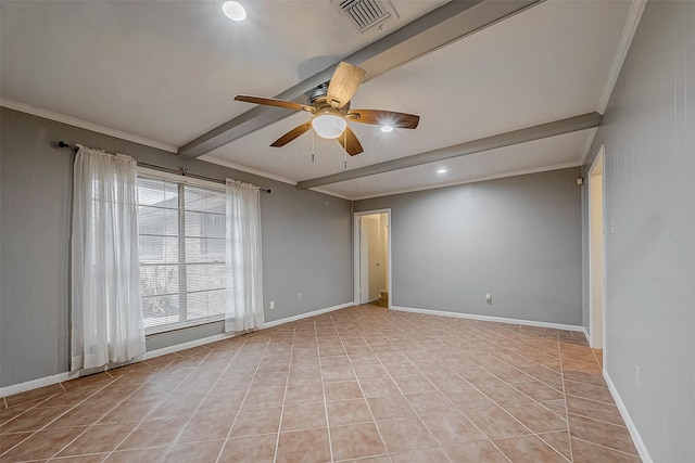 unfurnished room featuring beamed ceiling, light tile patterned flooring, crown molding, and ceiling fan