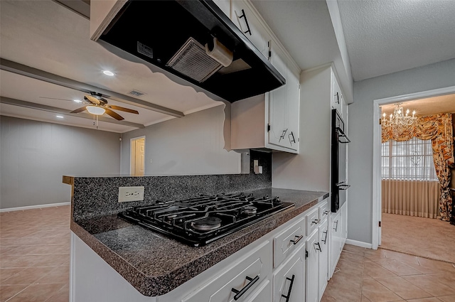 kitchen with black gas stovetop, ventilation hood, kitchen peninsula, and white cabinets