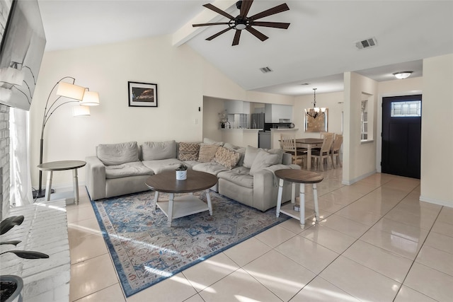 tiled living room with ceiling fan with notable chandelier and lofted ceiling with beams