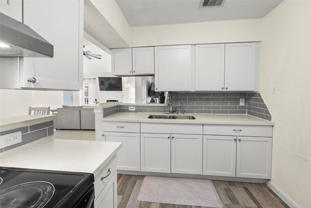 kitchen with sink, ceiling fan, white cabinetry, tasteful backsplash, and extractor fan