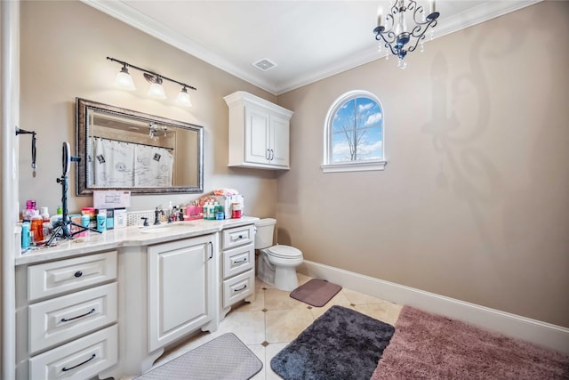 bathroom with curtained shower, a chandelier, tile patterned flooring, vanity, and crown molding