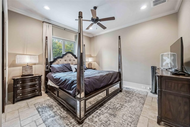 bedroom with ceiling fan and ornamental molding