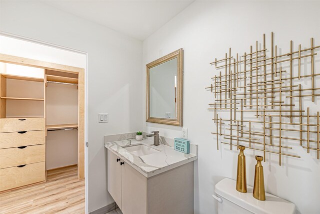 bathroom with vanity, wood-type flooring, and toilet