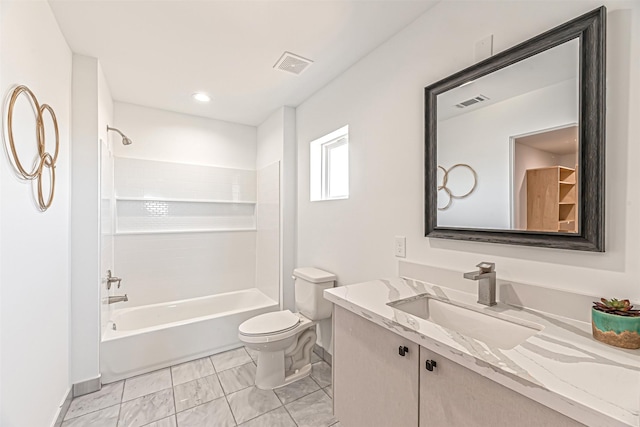 bathroom with toilet, bathtub / shower combination, visible vents, and vanity