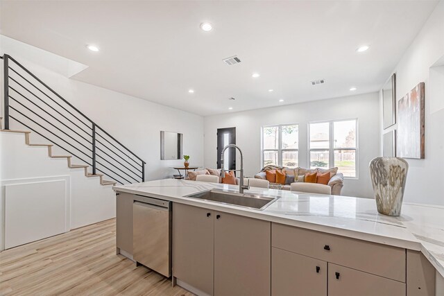 kitchen with a sink, light wood-style floors, visible vents, and dishwasher