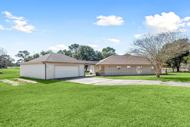 single story home with a garage and a front lawn