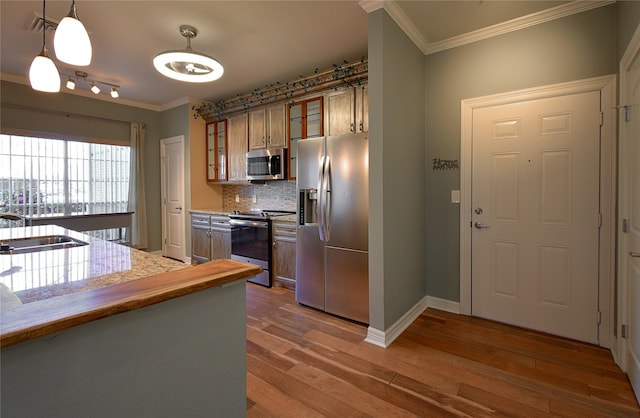 kitchen featuring sink, crown molding, hardwood / wood-style flooring, appliances with stainless steel finishes, and pendant lighting